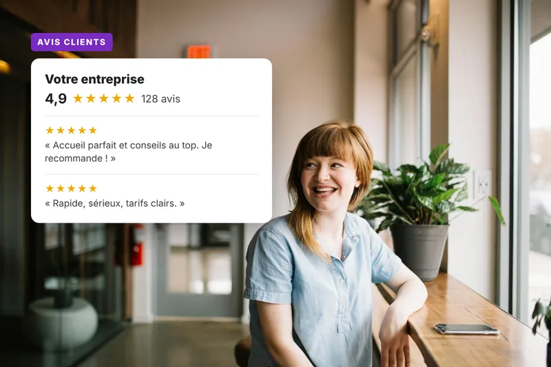 Commerçante souriante et ses avis clients notés 4,9 sur 5