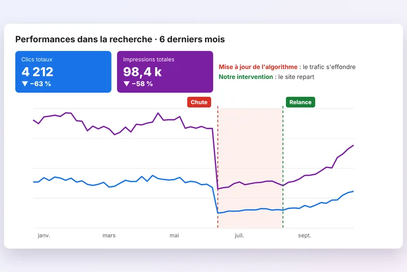 Graphique de trafic Google en chute après une mise à jour, puis relancé